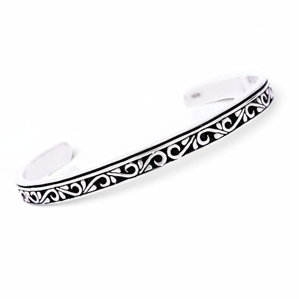Truelements Jewelry men's sterling silver 925 bangle featuring intricate oxidized arabesque filigree scrollwork