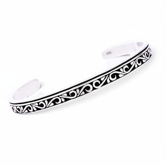 Truelements Jewelry men's sterling silver 925 bangle featuring intricate oxidized arabesque filigree scrollwork