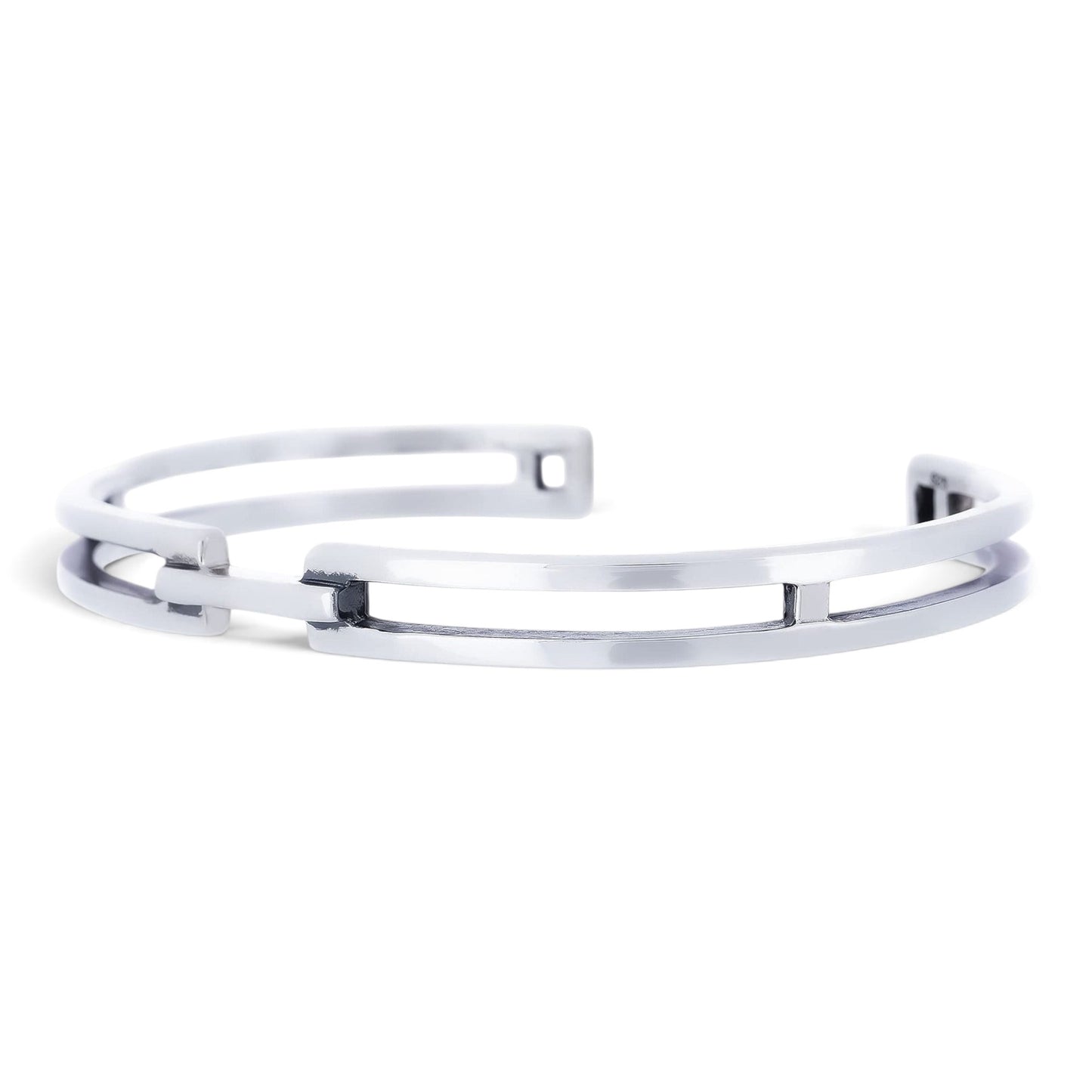 Truelements Jewelry men's sterling silver 925 cuff bangle with a polished mirror finish and open minimalist design