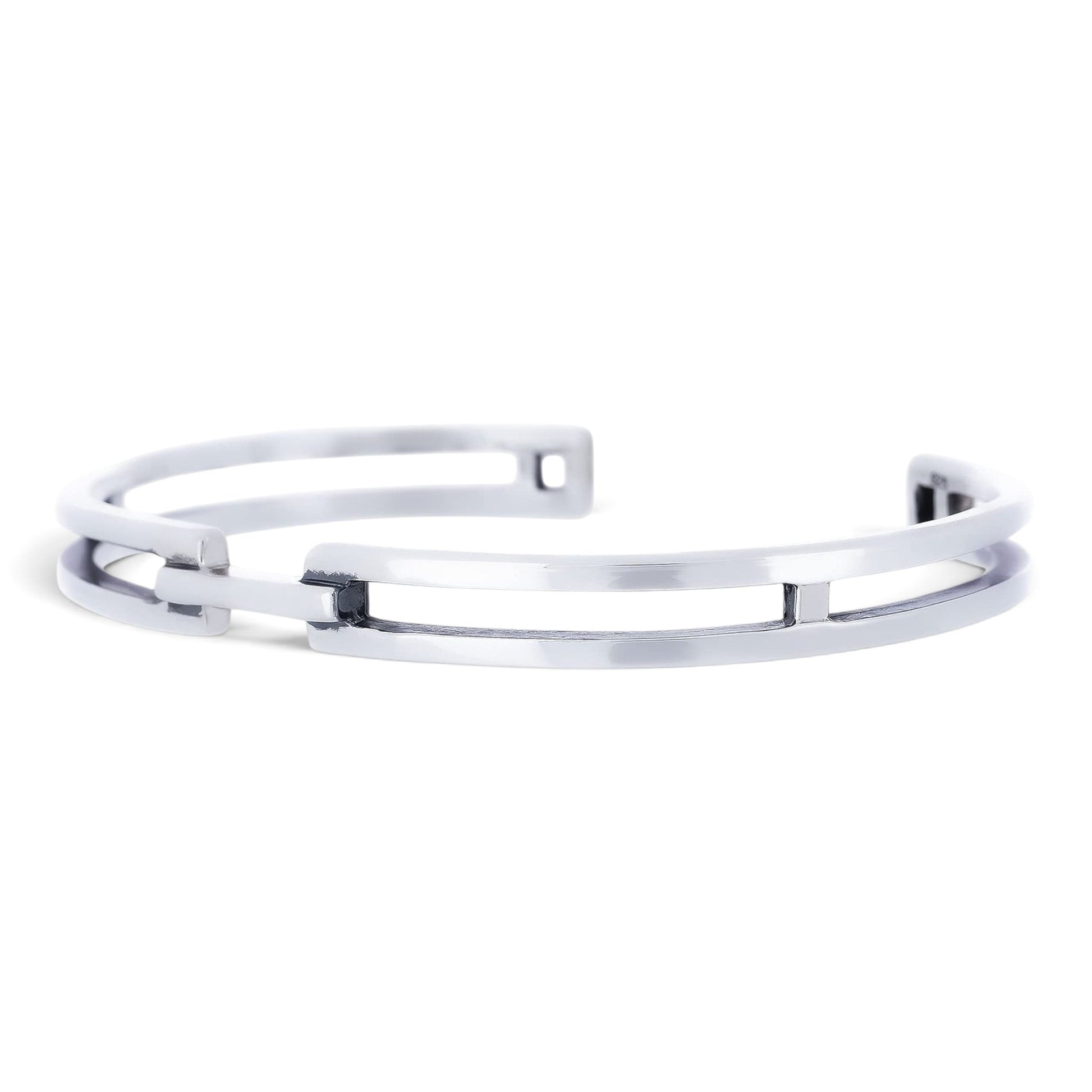 Truelements Jewelry men's sterling silver 925 cuff bangle with a polished mirror finish and open minimalist design