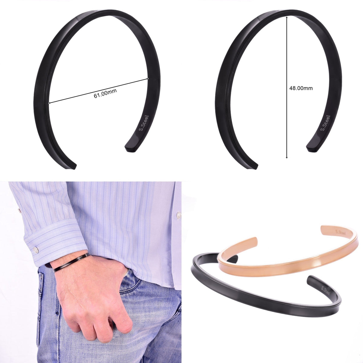 Truelements Jewelry pair of matte 316L surgical stainless steel bangles in black and pink gold, 5mm width.