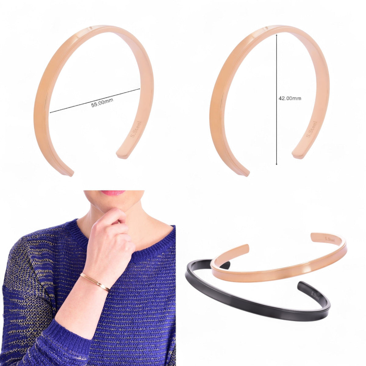 Truelements Jewelry pair of 316L surgical stainless steel bangles in matte black and pink gold, 5mm width.