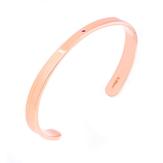 Truelements Jewelry pink gold 316L surgical stainless steel bangle featuring a small natural ruby accent