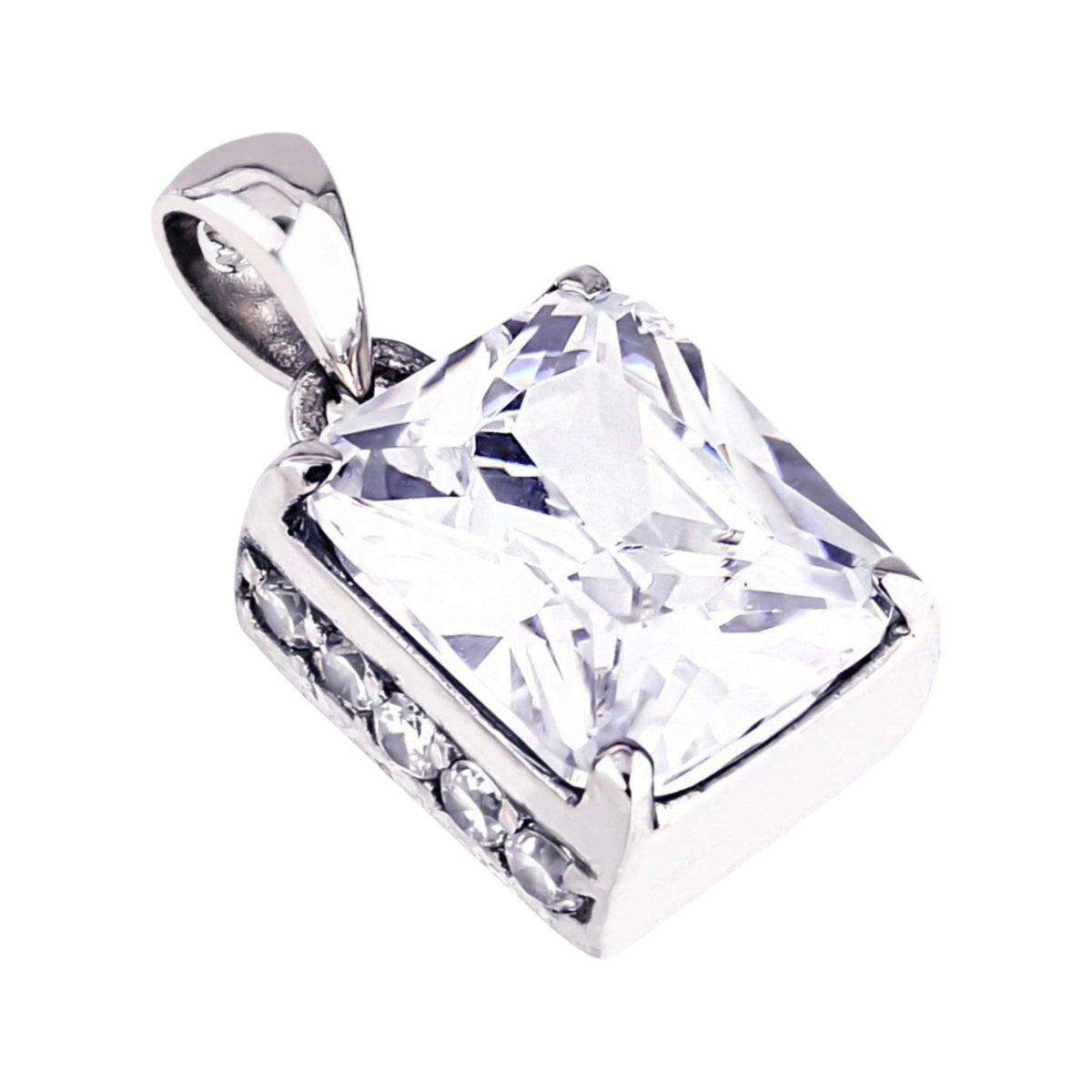 Truelements Jewelry men's rectangle pendant in sterling silver 925 with a large clear cubic zirconia center stone.