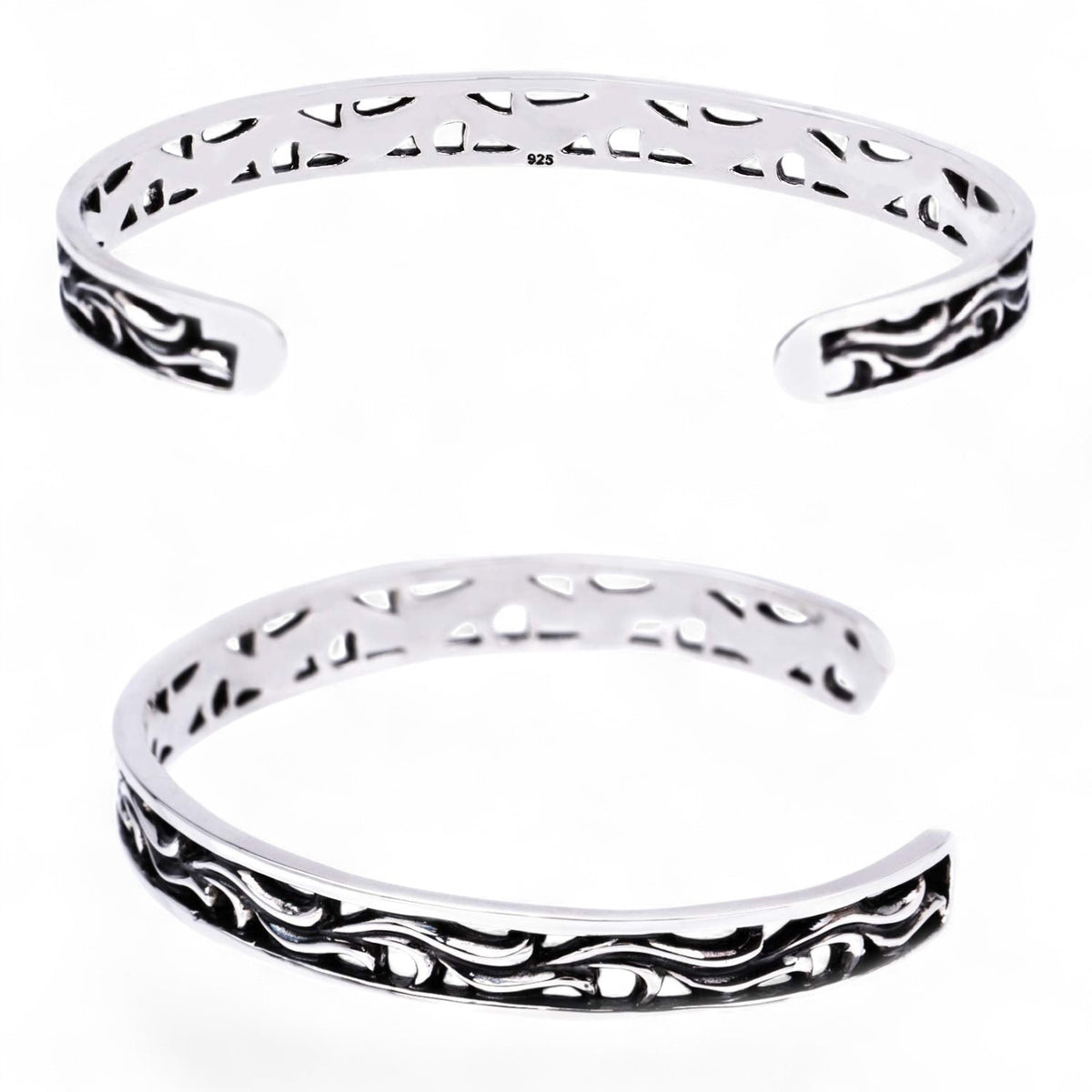 Truelements Jewelry sterling silver 925 couple bangle set with intricate arabesque filigree and oxidized finish