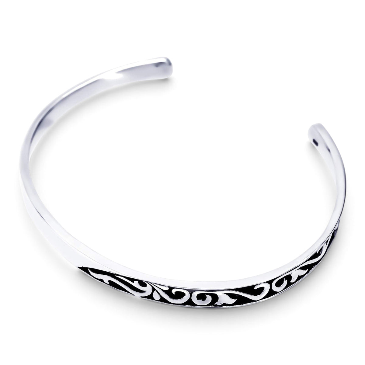 Truelements Jewelry sterling silver 925 men's cuff bangle featuring an intricate oxidized arabesque scroll pattern.