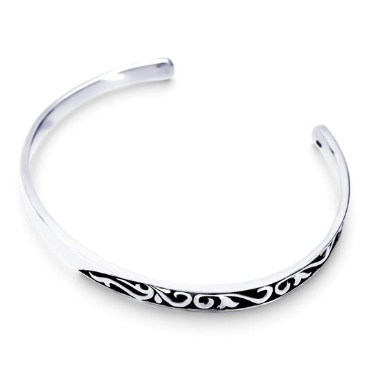 Truelements Jewelry sterling silver 925 men's cuff bangle featuring an intricate oxidized arabesque scroll pattern.