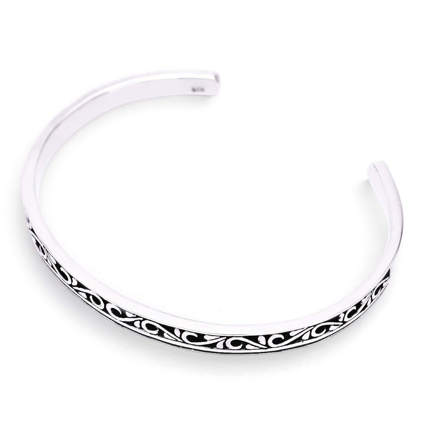 Truelements Jewelry sterling silver men's bangle featuring intricate arabesque openwork with a dark oxidized finish.