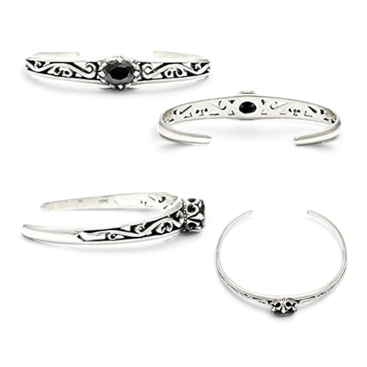 Truelements Jewelry sterling silver bangle featuring an arabesque crown design and a central black zirconia stone.