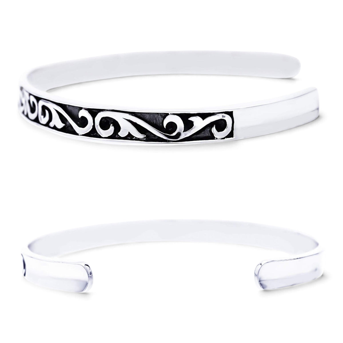Truelements Jewelry sterling silver men's bangle with oxidized arabesque scrollwork pattern, 6mm width