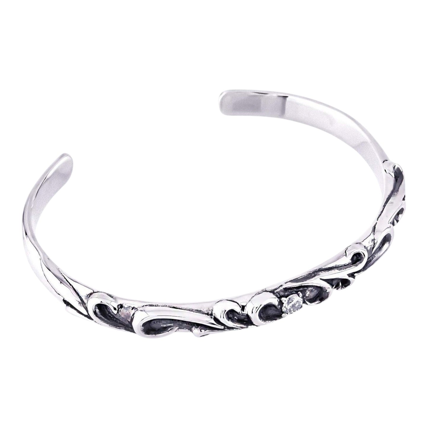 Truelements Jewelry men's sterling silver 925 cuff bangle featuring an arabesque pattern and clear cubic zirconia.