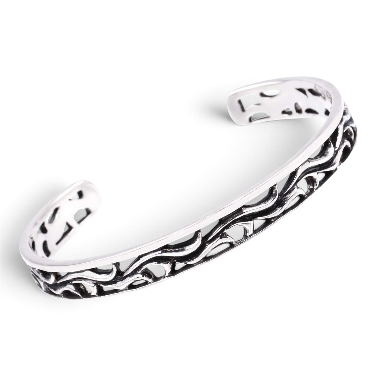 Truelements Jewelry sterling silver cuff bangle featuring intricate oxidized arabesque filigree scrollwork