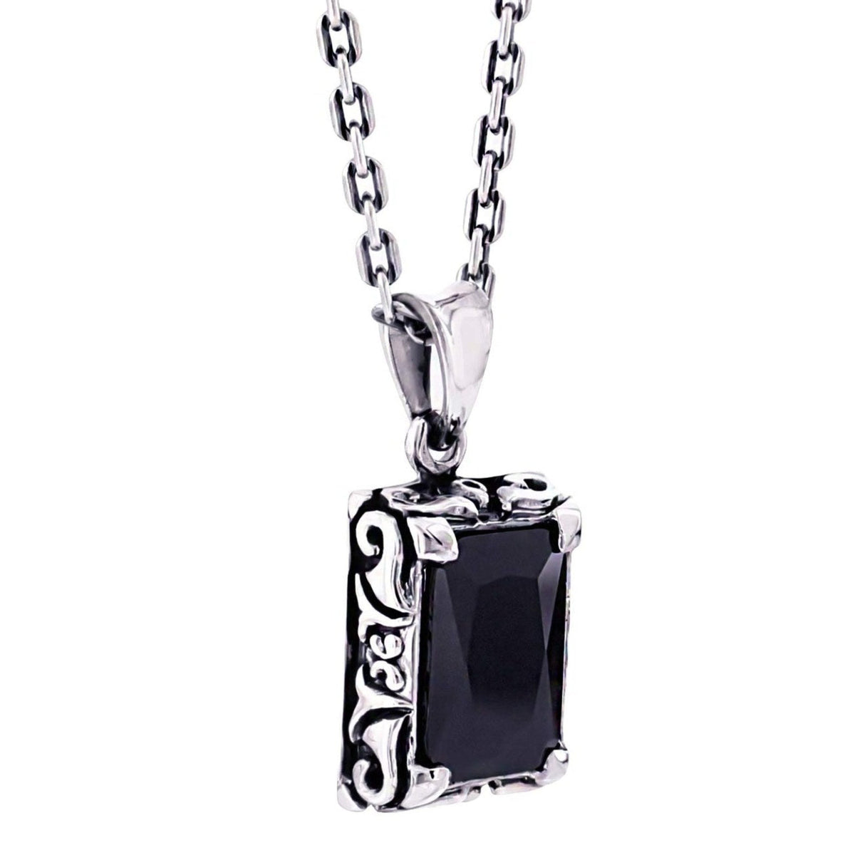 Truelements Jewelry sterling silver 925 pendant featuring a black cubic zirconia stone with ornate arabesque detailing.