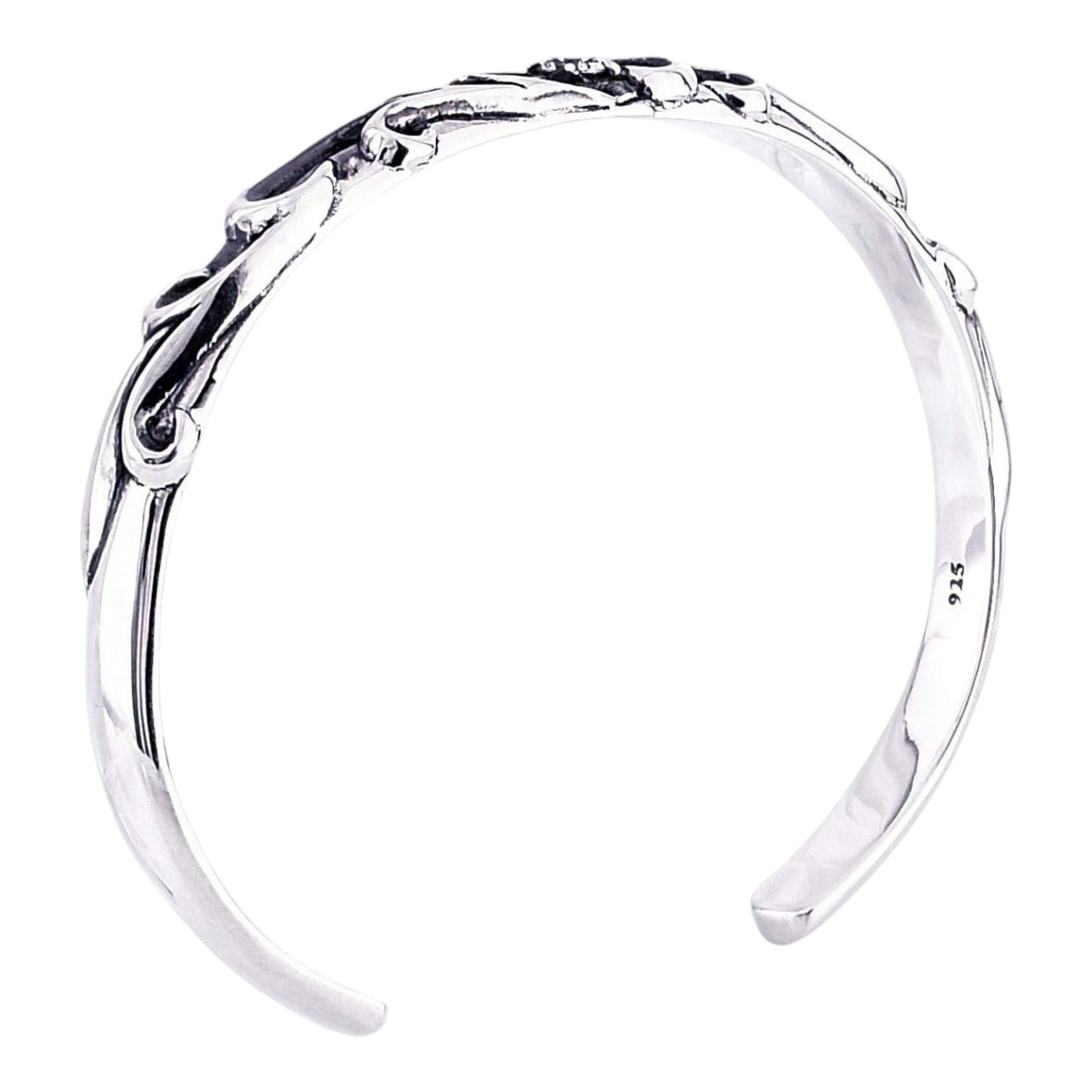Truelements Jewelry men's sterling silver 925 cuff bangle featuring an intricate arabesque pattern and clear zirconia