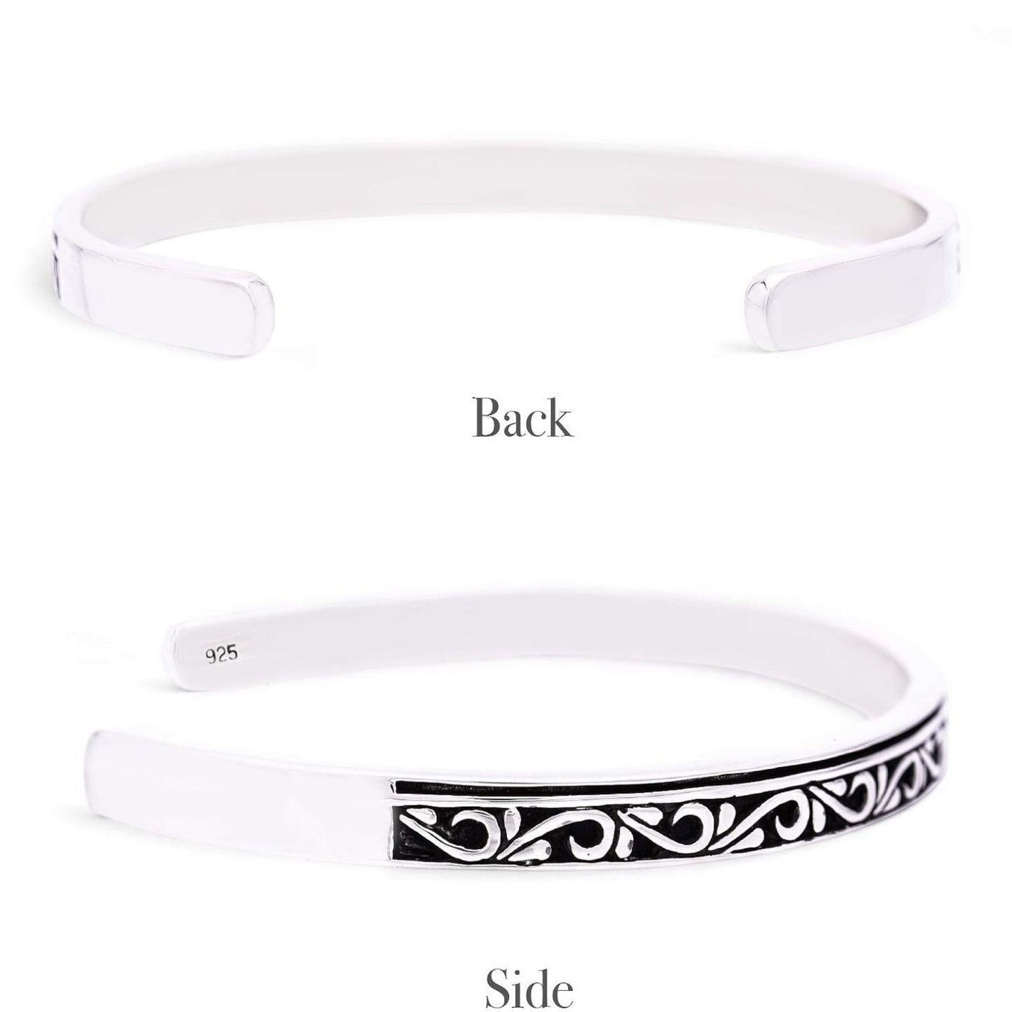 Truelements Jewelry sterling silver cuff bracelet with intricate arabesque filigree and oxidized finish