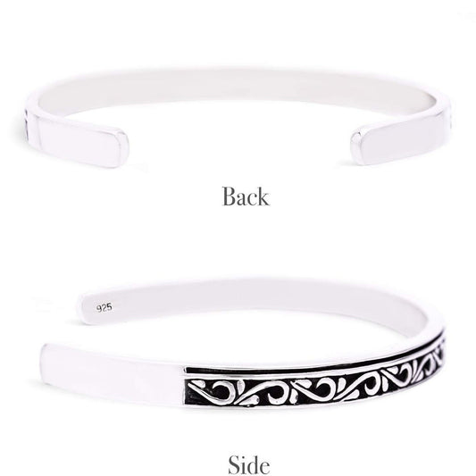 Truelements Jewelry sterling silver cuff bracelet with intricate arabesque filigree and oxidized finish