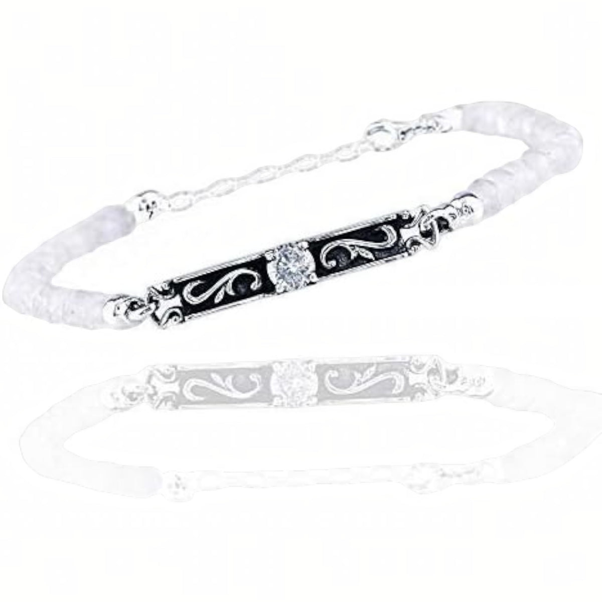 Truelements Jewelry sterling silver arabesque bracelet with rainbow moonstone beads and a central clear zirconia stone.