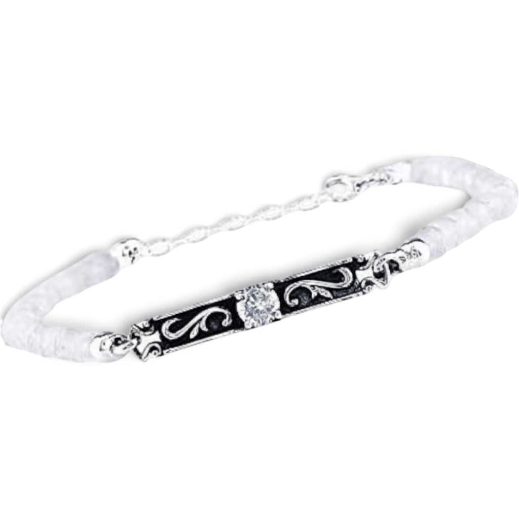 Truelements Jewelry sterling silver bracelet featuring an arabesque center piece with moonstone and clear zirconia.