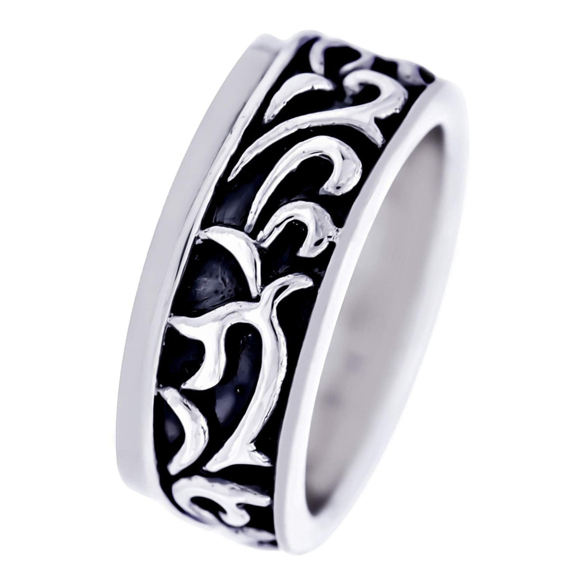 Truelements Jewelry men's sterling silver 925 ring featuring a detailed black oxidized arabesque scroll pattern.