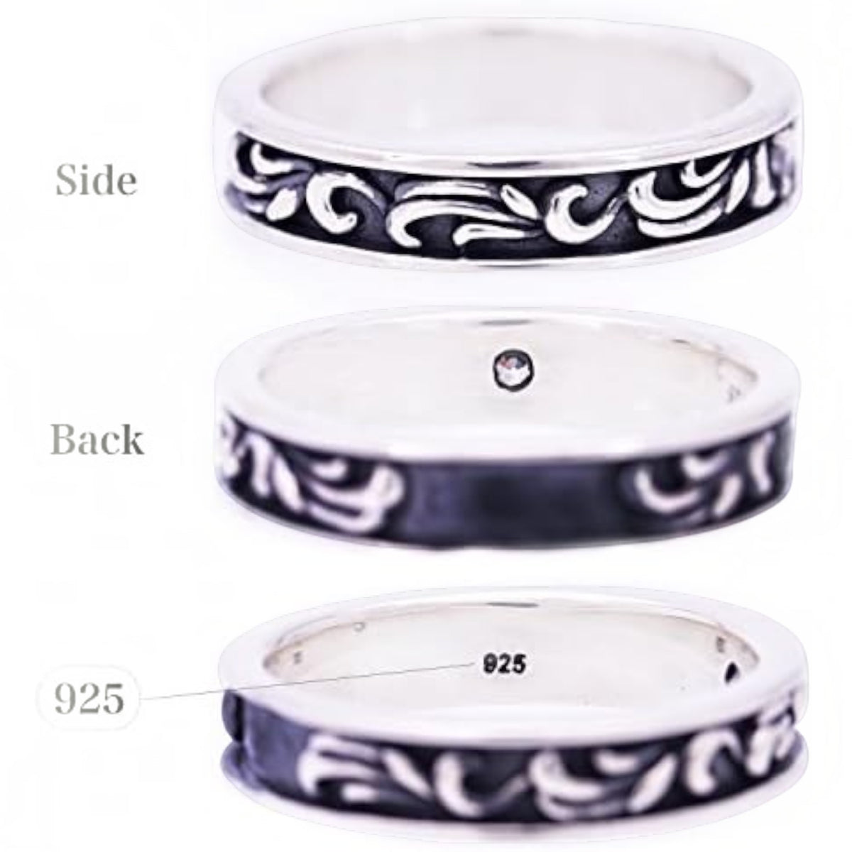 Truelements Jewelry men's sterling silver 925 ring with oxidized arabesque patterns and a clear cubic zirconia stone.