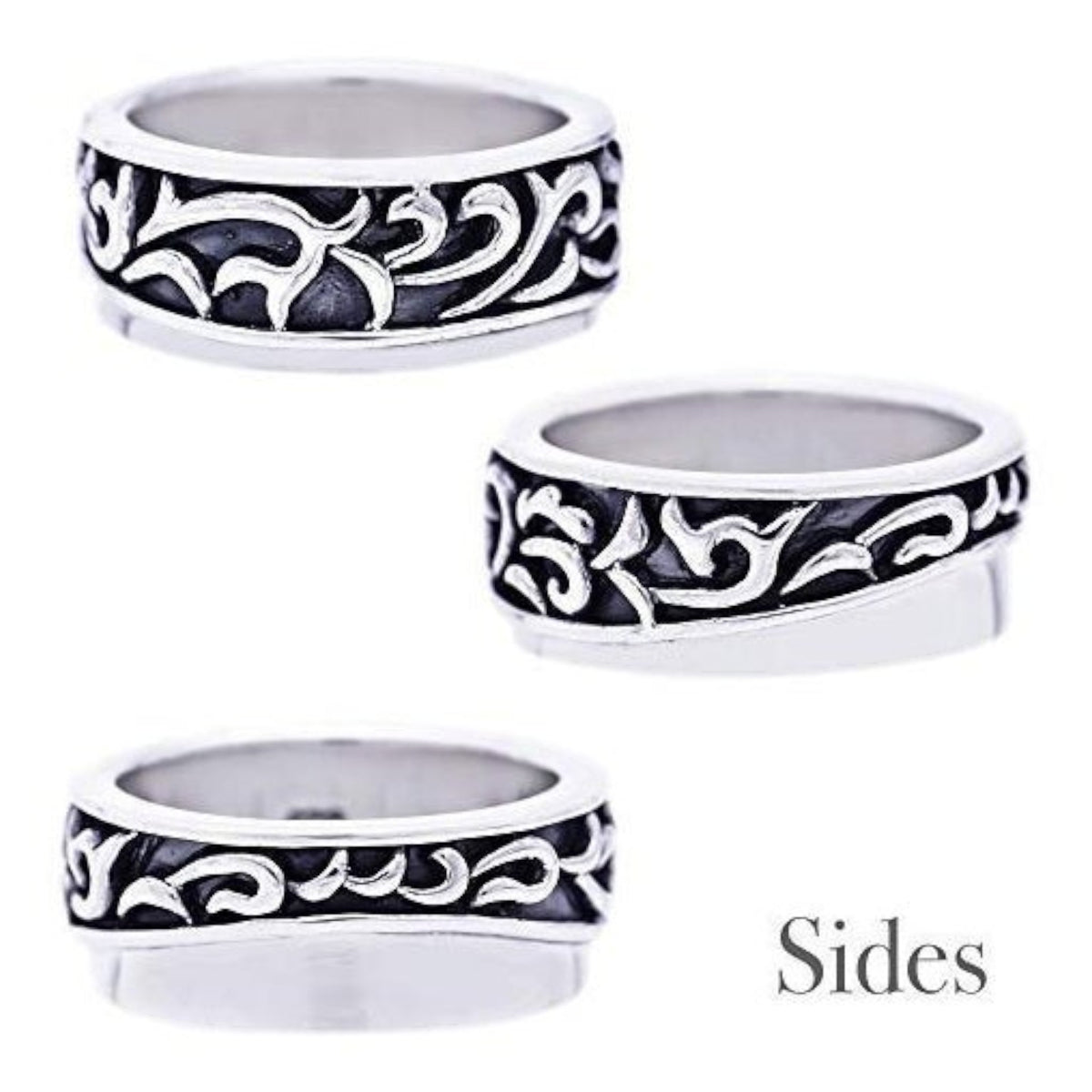 Truelements Jewelry men's sterling silver 925 ring featuring intricate oxidized arabesque scrollwork patterns.