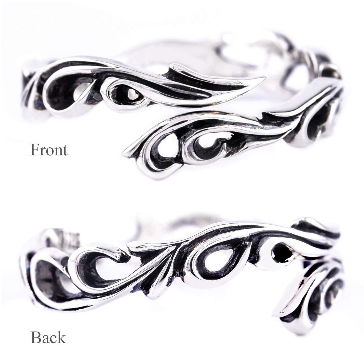Truelements Jewelry sterling silver men's adjustable ring featuring intricate arabesque filigree and oxidized finish.
