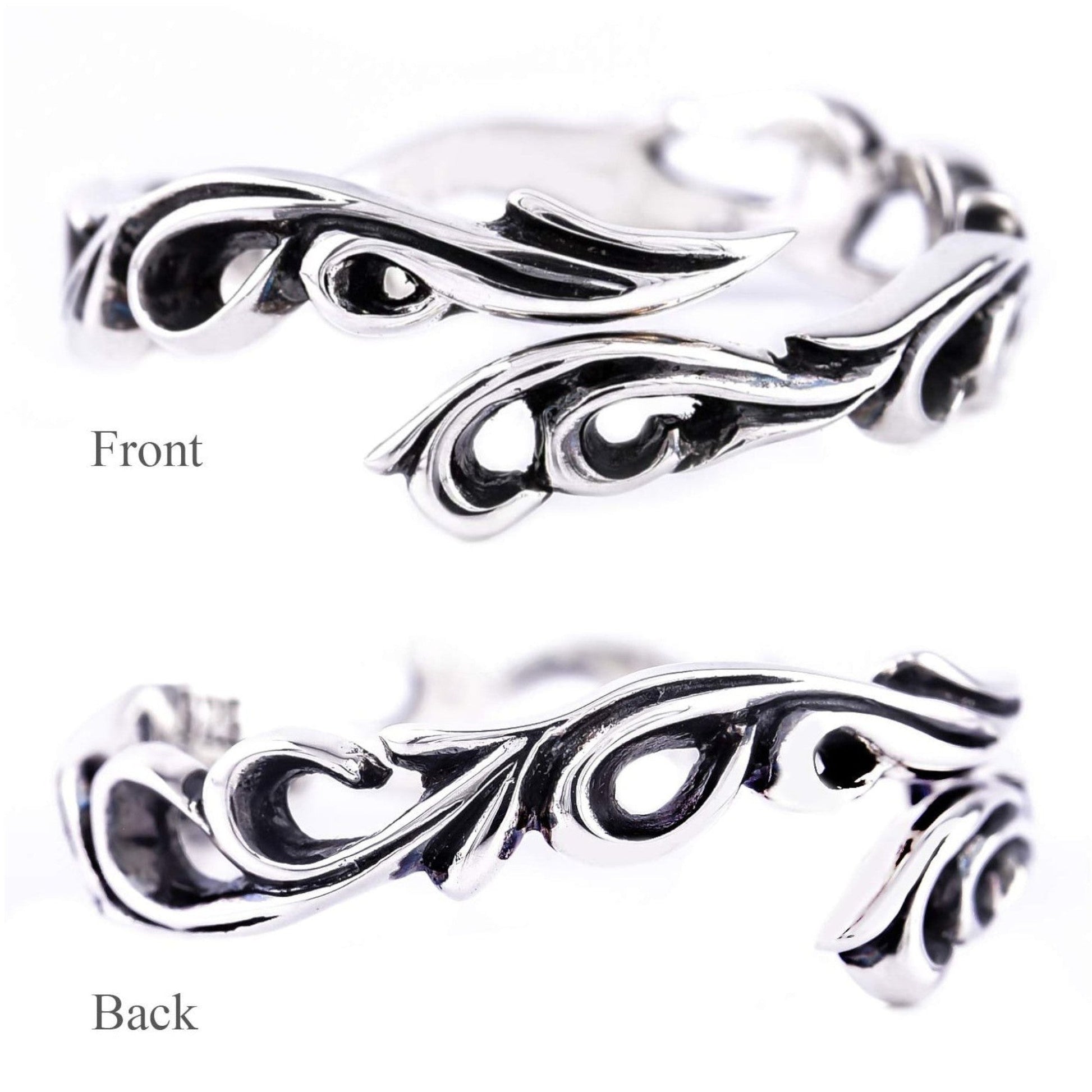 Truelements Jewelry sterling silver men's adjustable ring featuring intricate arabesque filigree and oxidized finish.