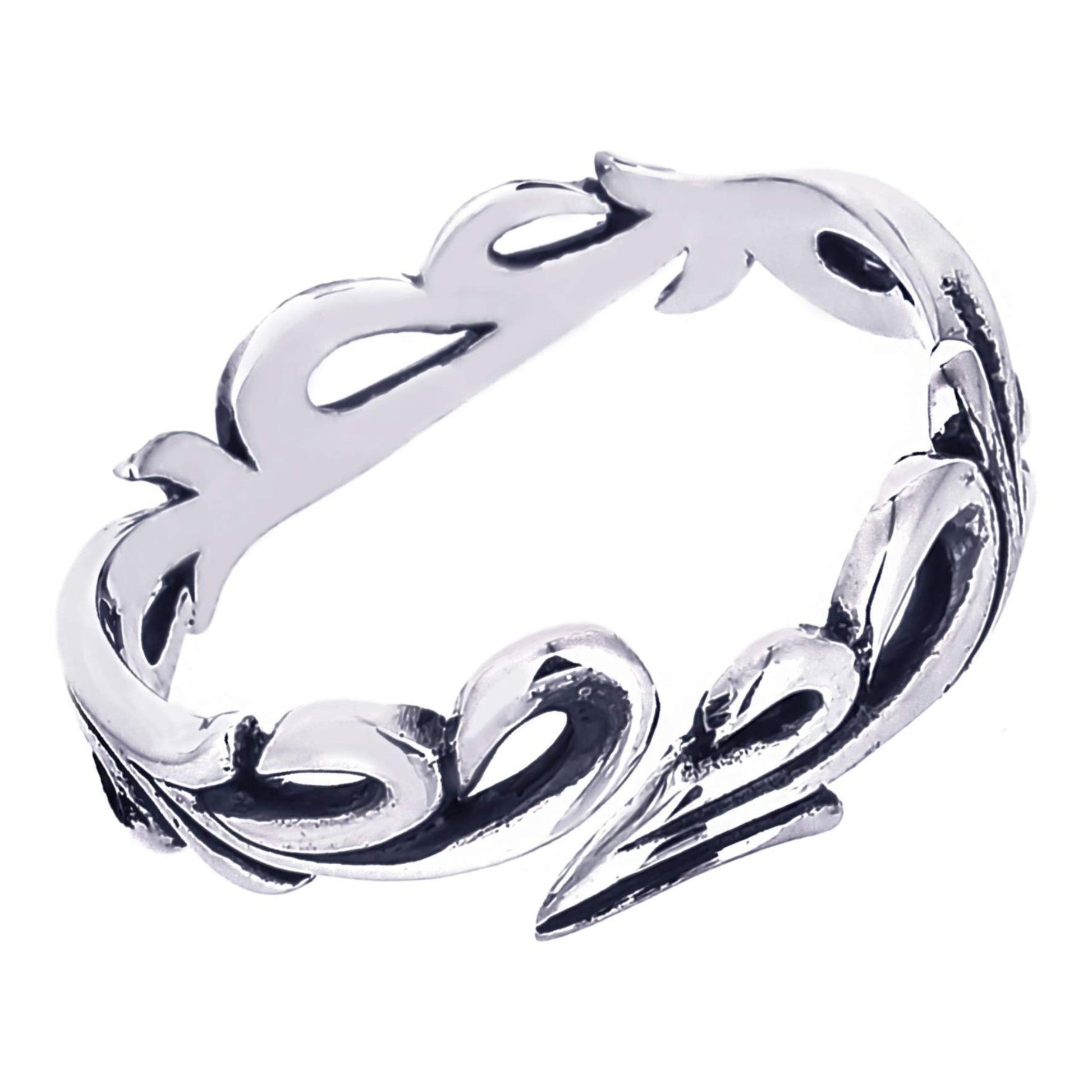 Truelements Jewelry sterling silver men's ring featuring an intricate openwork arabesque scroll design with oxidized finish