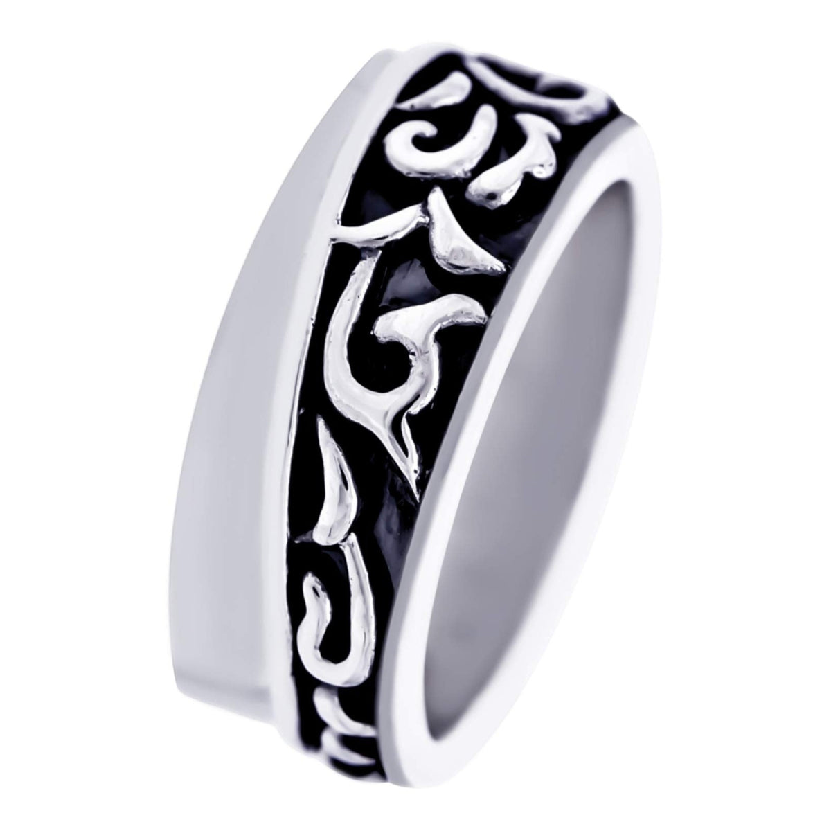 Truelements Jewelry men's sterling silver 925 ring featuring a detailed black oxidized arabesque scroll pattern