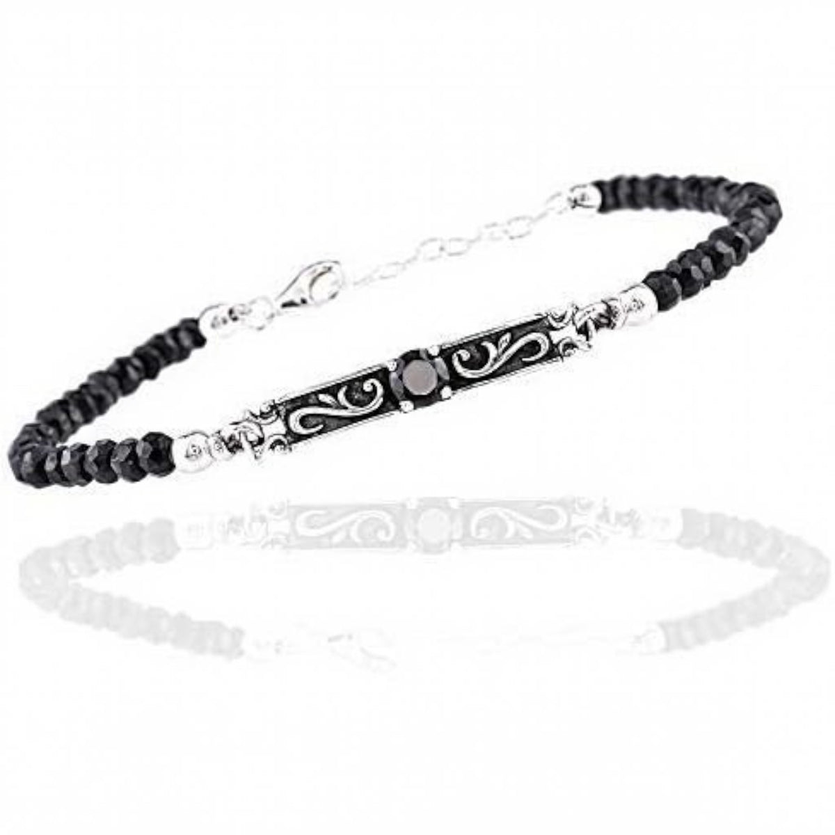 Truelements Jewelry sterling silver arabesque bracelet with black spinel beads and a central zirconia stone