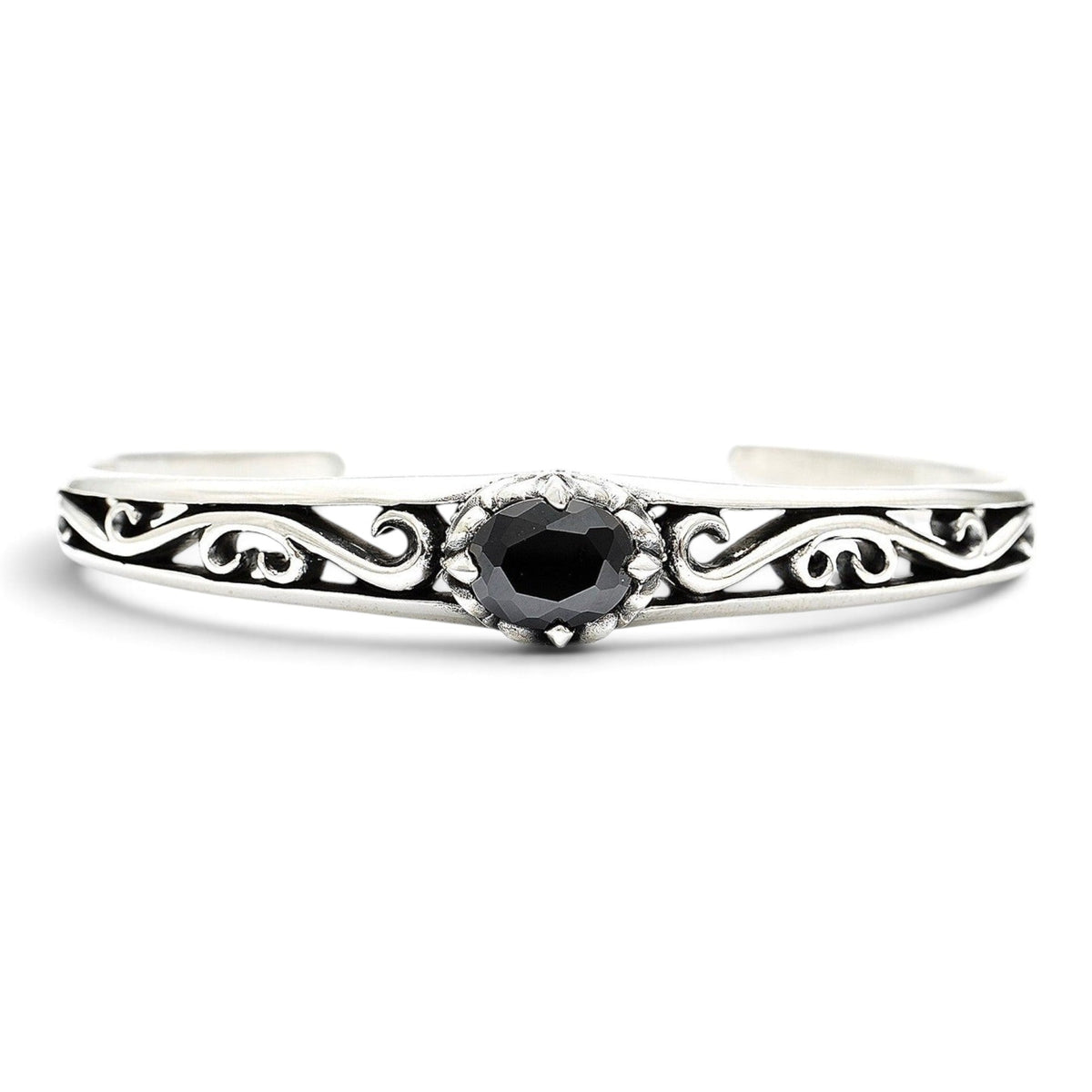 Truelements Jewelry sterling silver bangle featuring an arabesque crown design and a central black zirconia stone