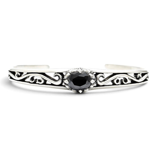 Truelements Jewelry sterling silver bangle featuring an arabesque crown design and a central black zirconia stone