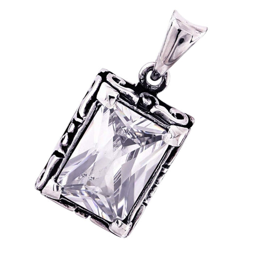 Truelements Jewelry sterling silver 925 pendant featuring a large clear cubic zirconia in an antique arabesque frame