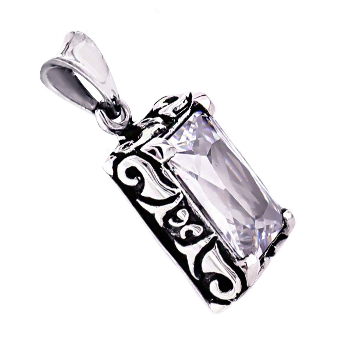 Truelements Jewelry sterling silver 925 pendant featuring an intricate arabesque design and a clear cubic zirconia.