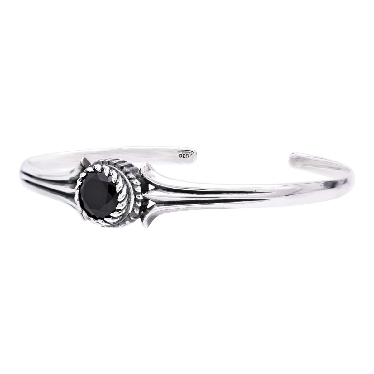 Truelements Jewelry unisex sterling silver bangle featuring a central 8mm black cubic zirconia stone and oxidized finish
