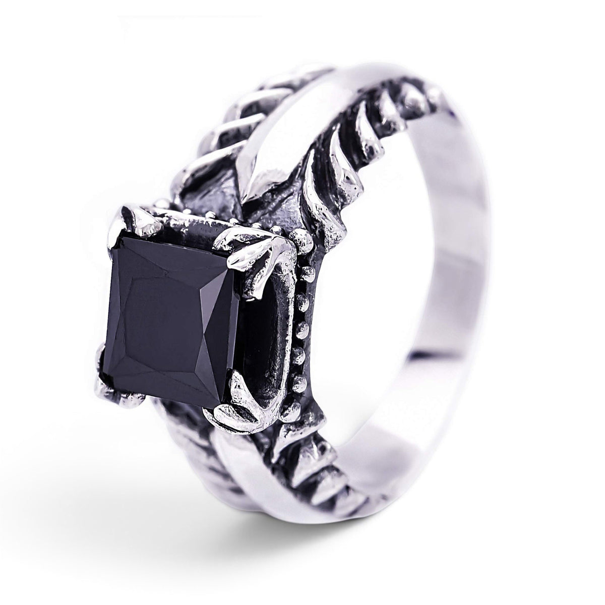 Truelements Jewelry men's sterling silver ring featuring a square black zirconia stone with feather and arabesque detail