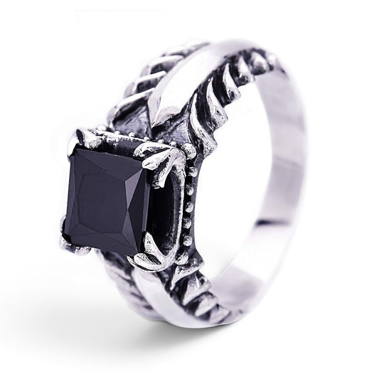 Truelements Jewelry men's sterling silver ring featuring a square black zirconia stone with feather and arabesque detail