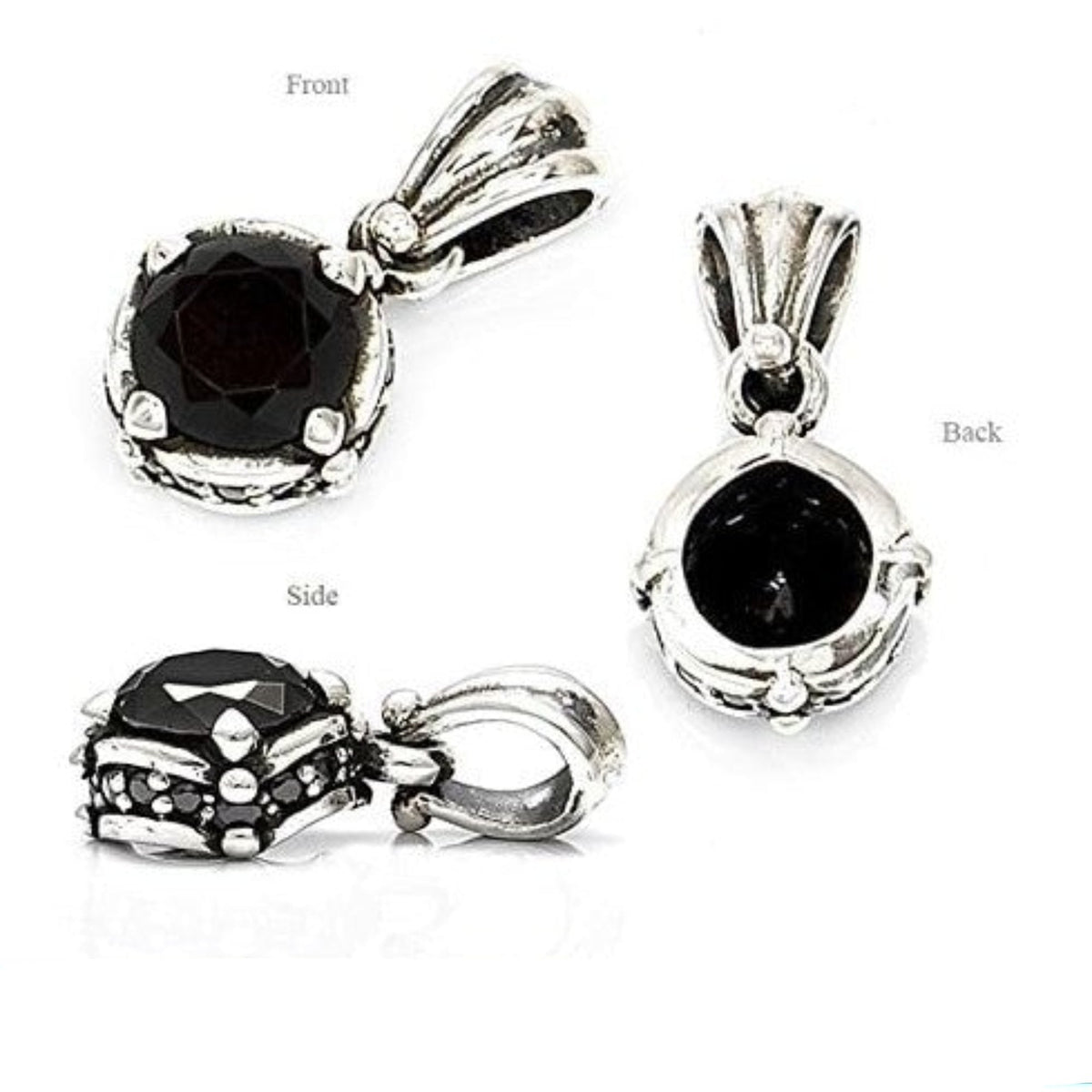 Truelements Jewelry sterling silver pendant featuring a round black cubic zirconia in a crown-style setting.