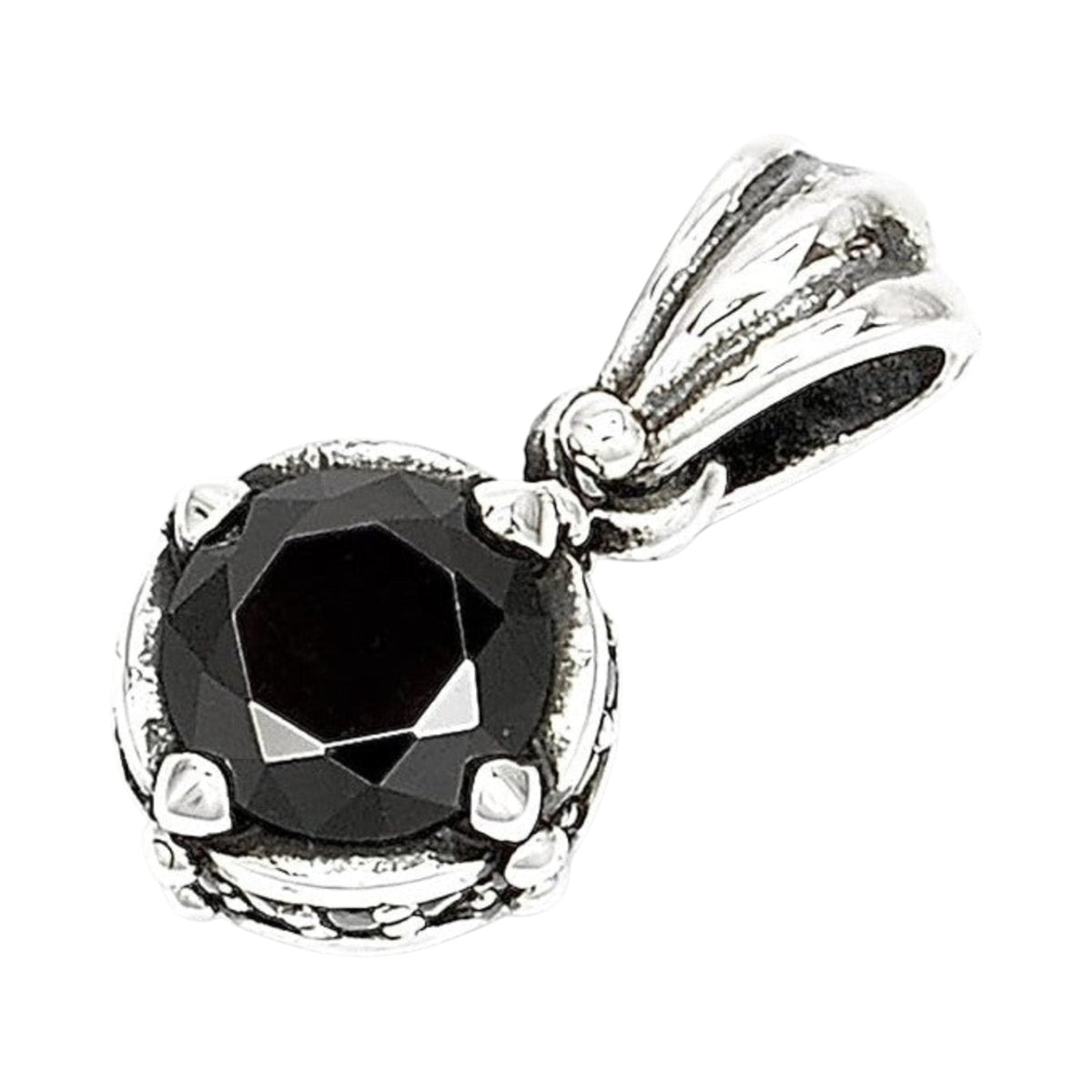 Truelements Jewelry sterling silver 925 round pendant featuring a black cubic zirconia stone and crown-style setting.