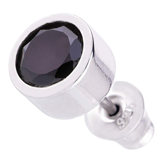 Truelements Jewelry men's round stud earring in 925 sterling silver with a 6mm black zirconia stone