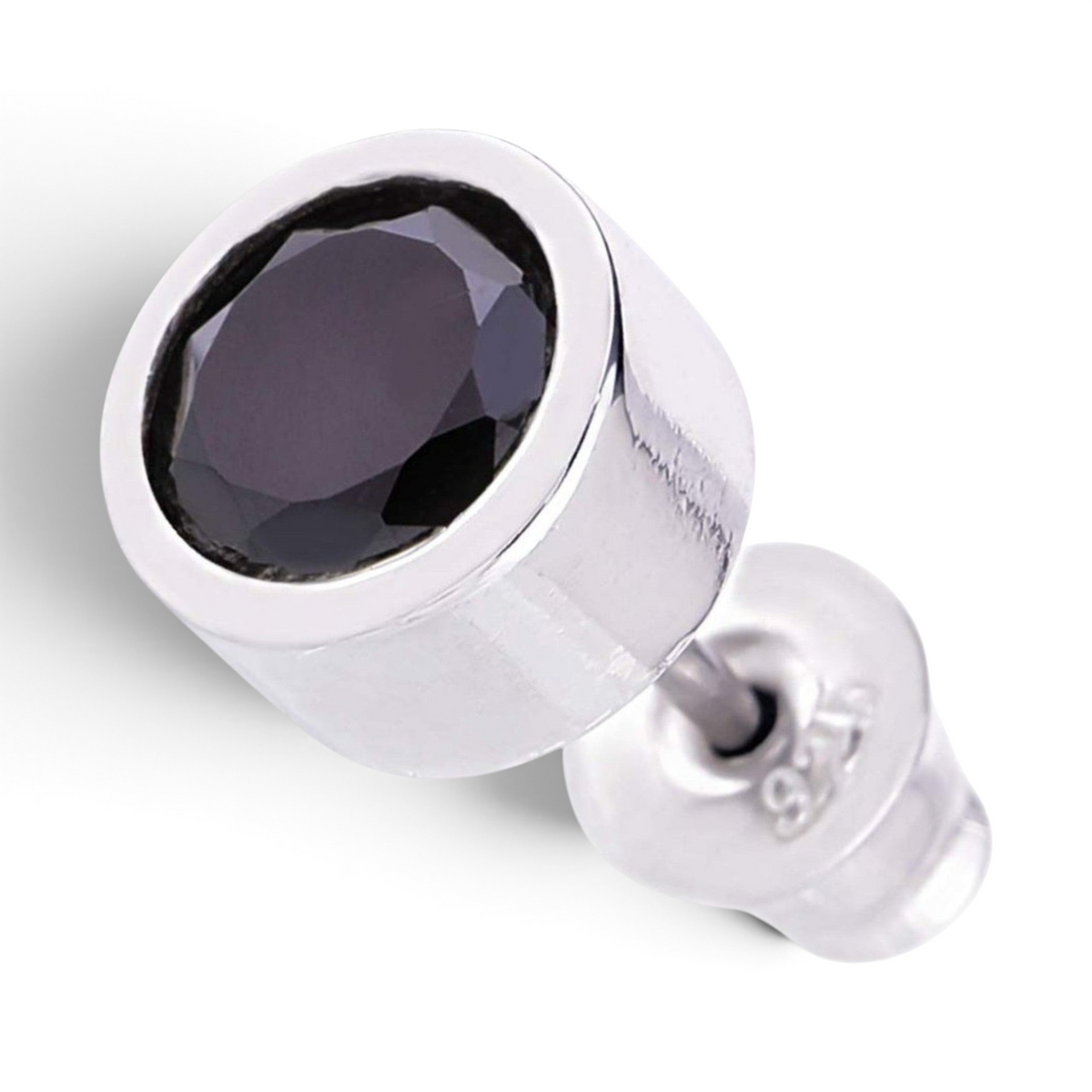 Truelements Jewelry men's round stud earring in 925 sterling silver with a 6mm black zirconia stone