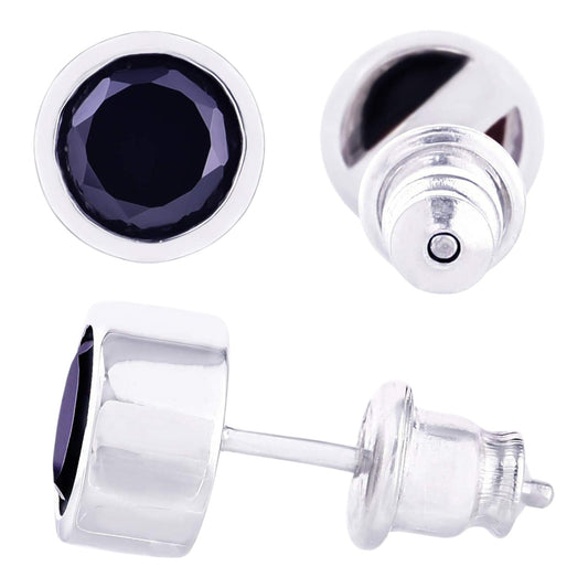 Truelements Jewelry men's round stud earring in 925 sterling silver with a 6mm black zirconia stone