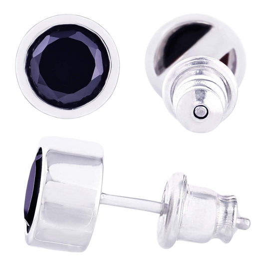 Truelements Jewelry men's round stud earring in 925 sterling silver with a 6mm black zirconia stone