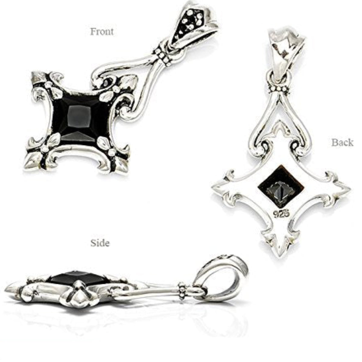 Truelements Jewelry sterling silver 925 Byzantine cross pendant featuring a black cubic zirconia and oxidized finish.