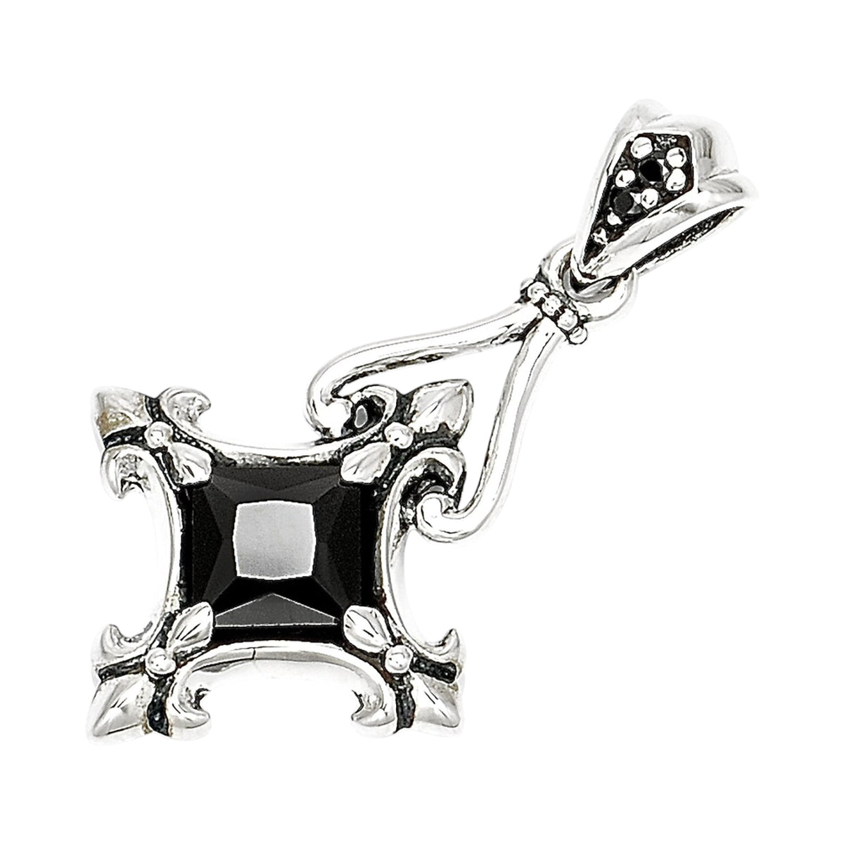 Truelements Jewelry sterling silver 925 Byzantine cross pendant with a large black cubic zirconia and fleur-de-lis
