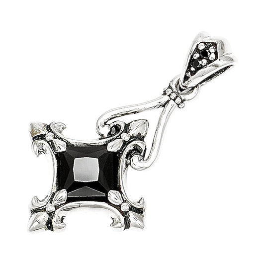 Truelements Jewelry sterling silver 925 Byzantine cross pendant with a large black cubic zirconia and fleur-de-lis