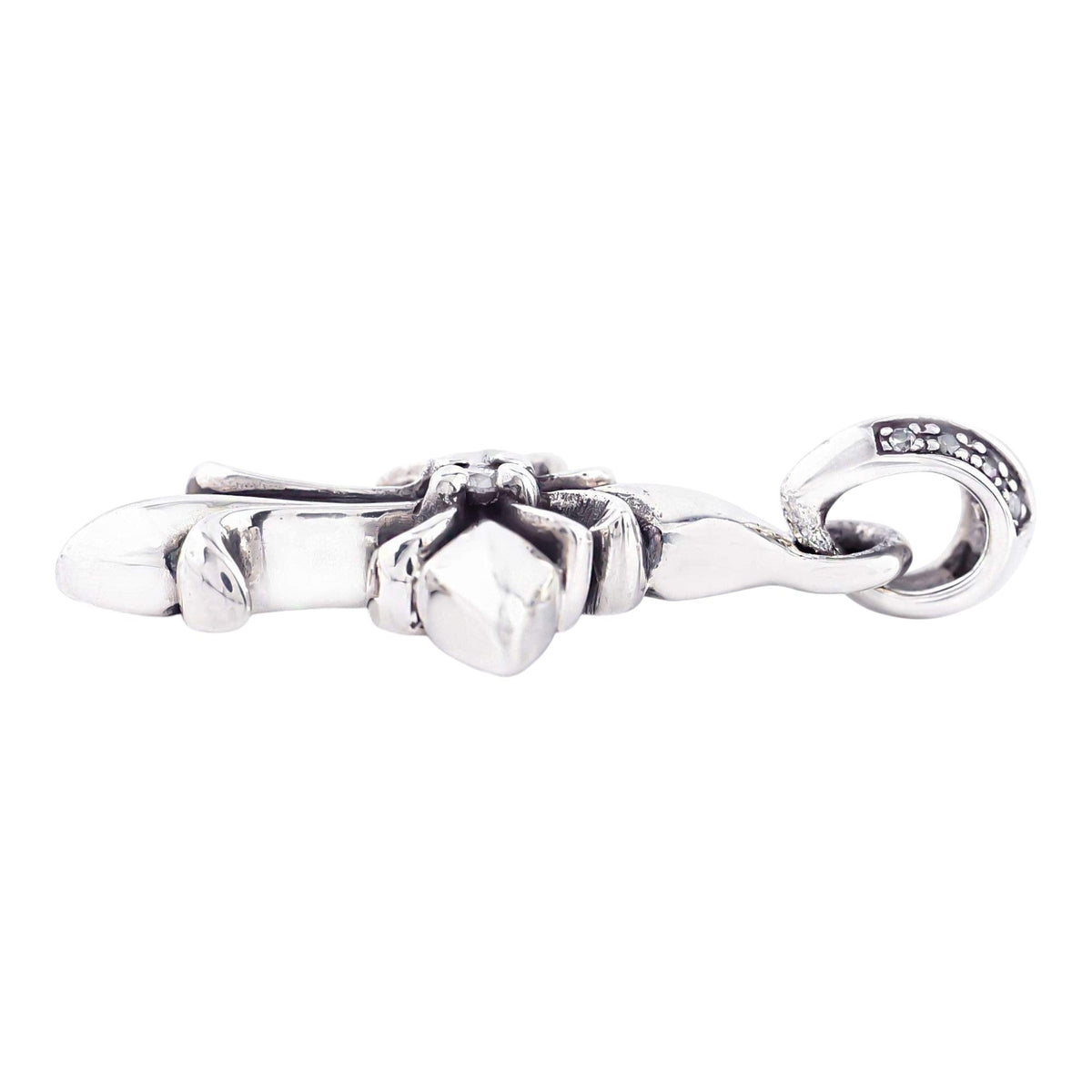 Truelements Jewelry silver 925 fleur-de-lis cross pendant with clear cubic zirconia and oxidized finish side view