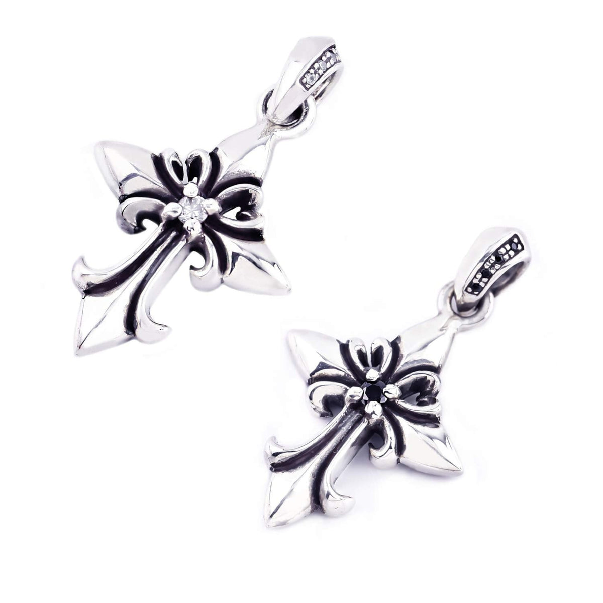 Truelements Jewelry sterling silver 925 cross pendant with fleur-de-lis design and black cubic zirconia accents