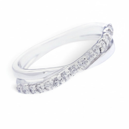 Truelements Jewelry sterling silver crossover pinky ring featuring delicate clear zirconia stones