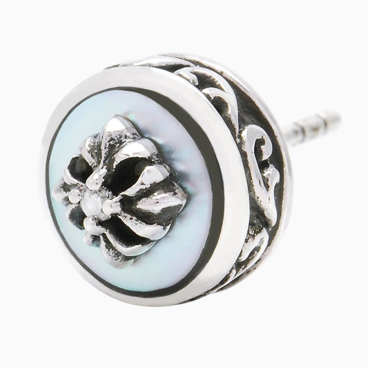 Truelements Jewelry sterling silver stud earring featuring a cross motif, white shell inlay, and clear zirconia.